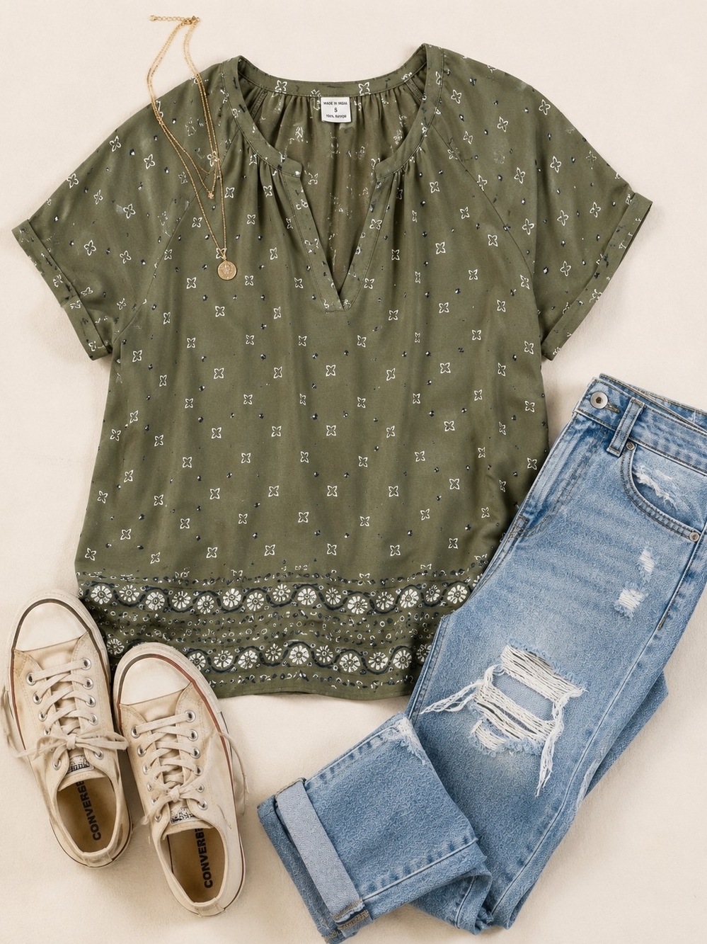 Old Navy Olive Green Printed V-Neck Tunic Top